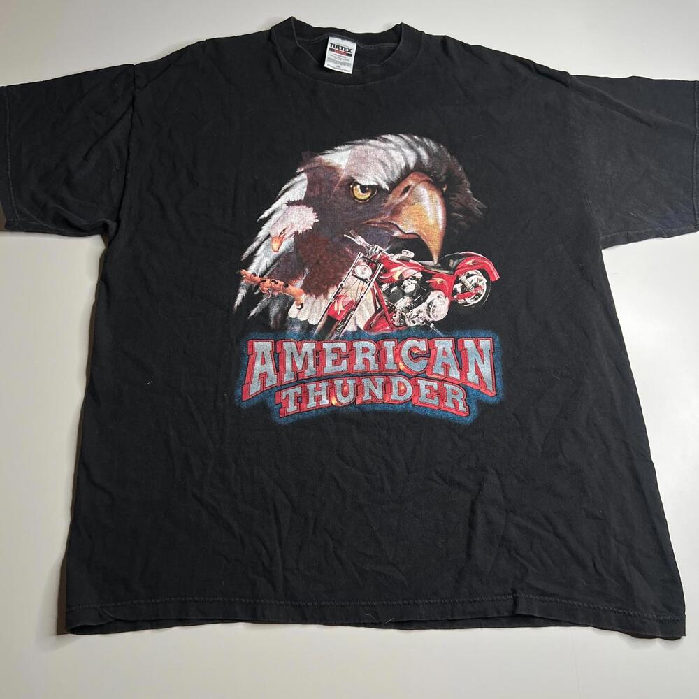 Vintage 90s American Thunder Bald Eagle Motorcycle T-Shirt Black Tultex 2XL USA